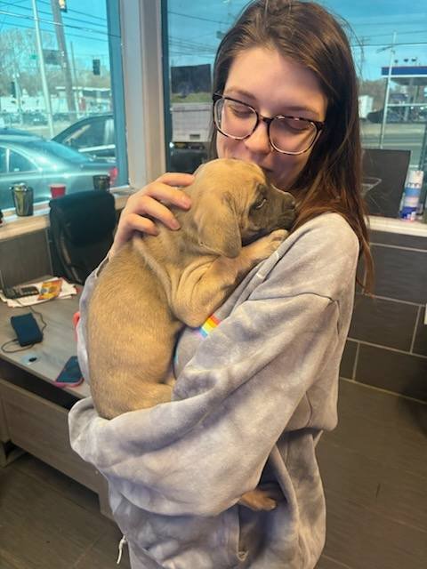 An HSK customer holding their puppy